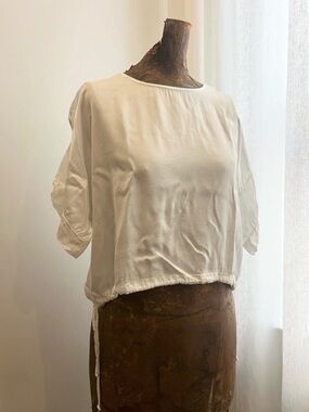 White Oversized Cropped Silky Rayon Tshirt w/ Cinchable Waist